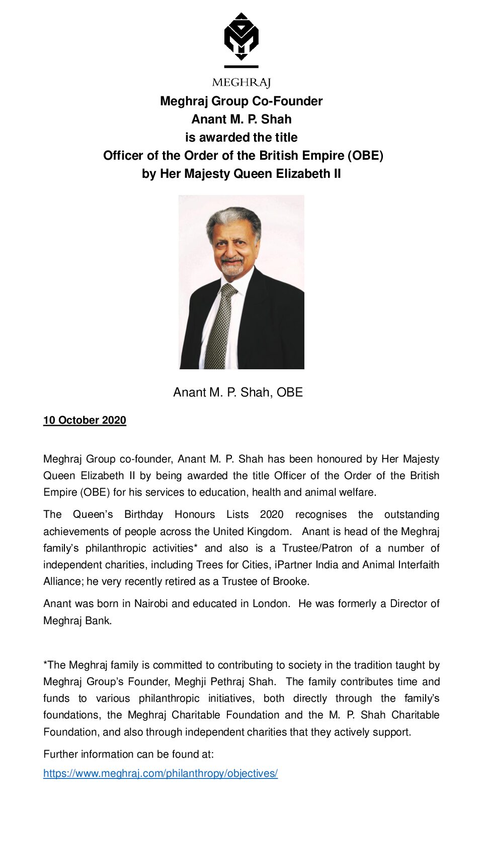 Anant M P Shah OBE | Meghraj Group